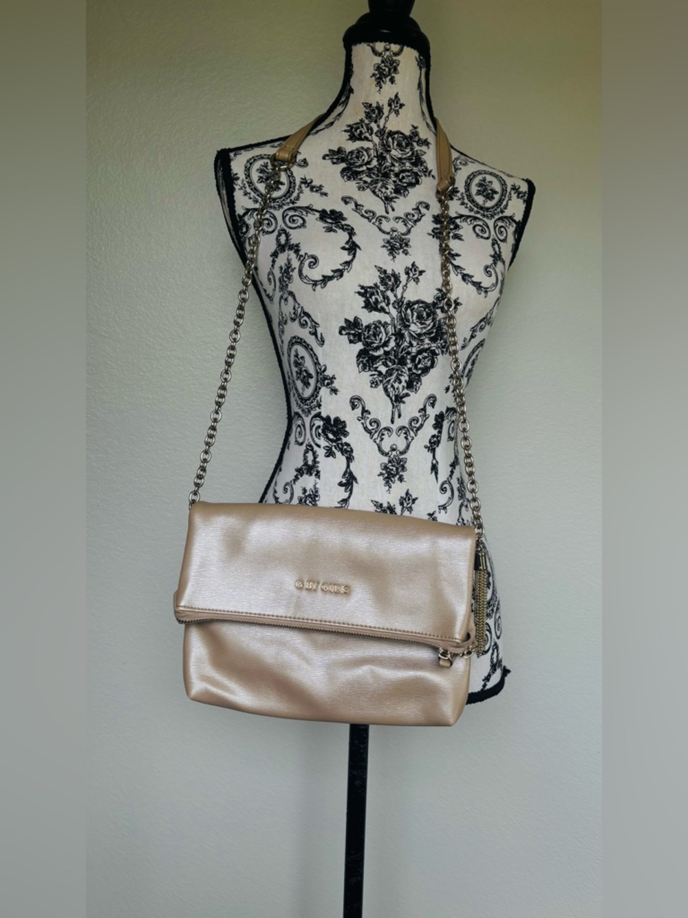 GUESS Metallic Champagne Fold-Over Chain Crossbody Bag
